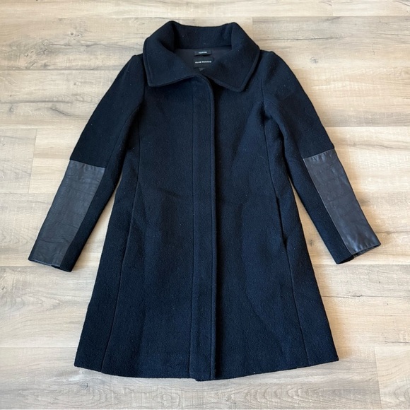 Club Monaco black Italian wool coat with leather sleeves - XS - Picture 3 of 8